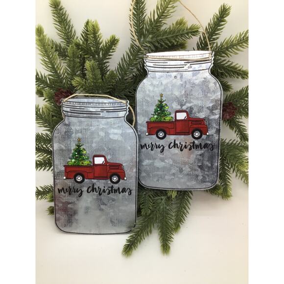 Red Truck Ornaments SetLarge Christmas Tree Galvanized Metal Mason Jar - Picture 2 of 3